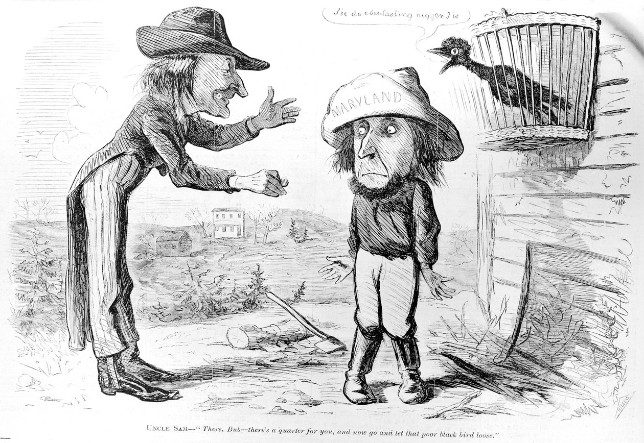 Karikatura satirizující zrušení otroctví v Marylandu, z „Frank Leslieho Illustrated Newspaper“, 5. dubna 1862 od American School