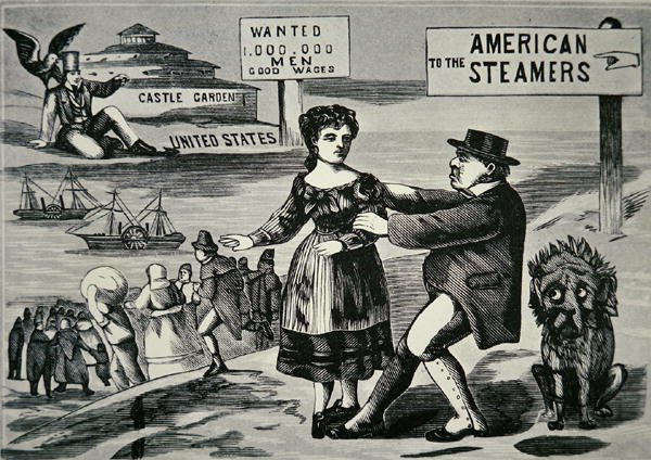 Kreslený film zobrazující Johna Bulla, který se snaží zastavit rostoucí příliv pracovníků do USA, kolem roku 1850 (rytina) od American School