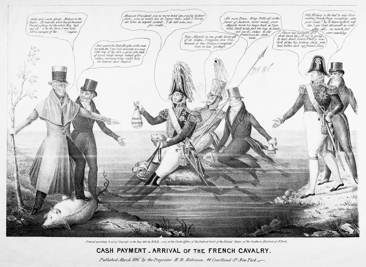 Hotovostní platba – Příjezd francouzské kavalérie, publikoval H.R. Robinson, New York, 1836 (rytina) od American School