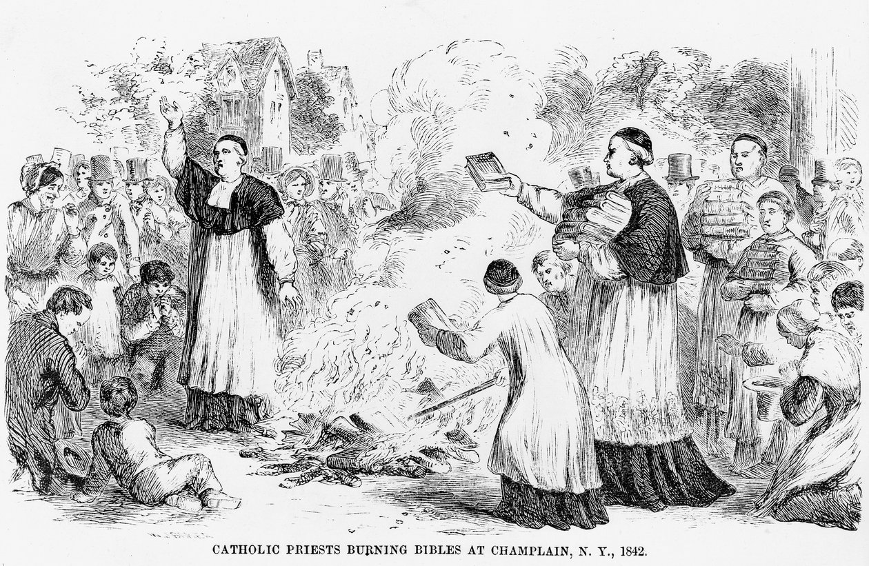 Katoličtí kněží pálí Bible v Champlain, New York, ilustrace z antikatolické brožury, 1842 od American School