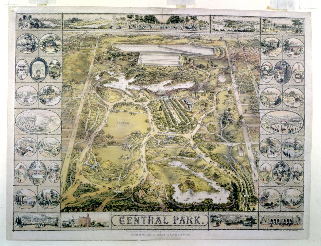 Central Park, Looking North from 59th Street, rytý F. Hepperheimer (fl.1849-79) pub. od Johna Bachmanna, New York, 1863 od American School