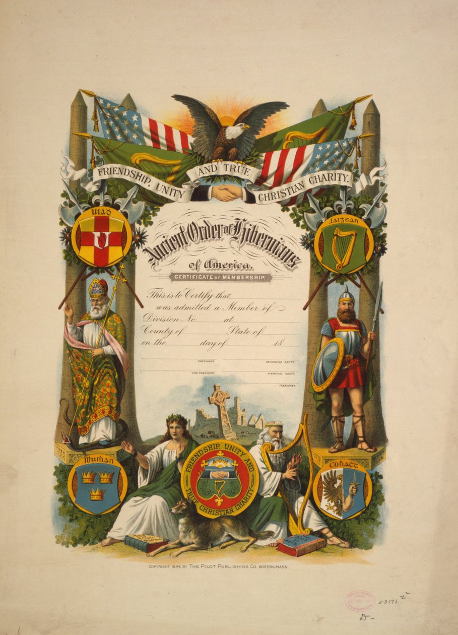 Osvědčení o členství v Ancient Order of Hibernians of America, kolem roku 1894 (barevná litografie) od American School