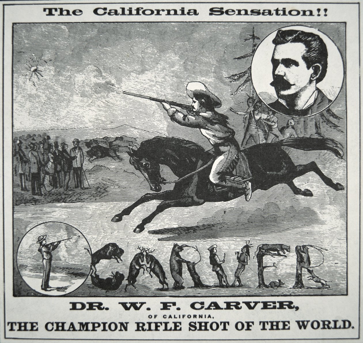 Plakát „Champion Rifle Shot of the World“ s Doc Carverem (1840-1927) kolem roku 1885 (rytina) od American School