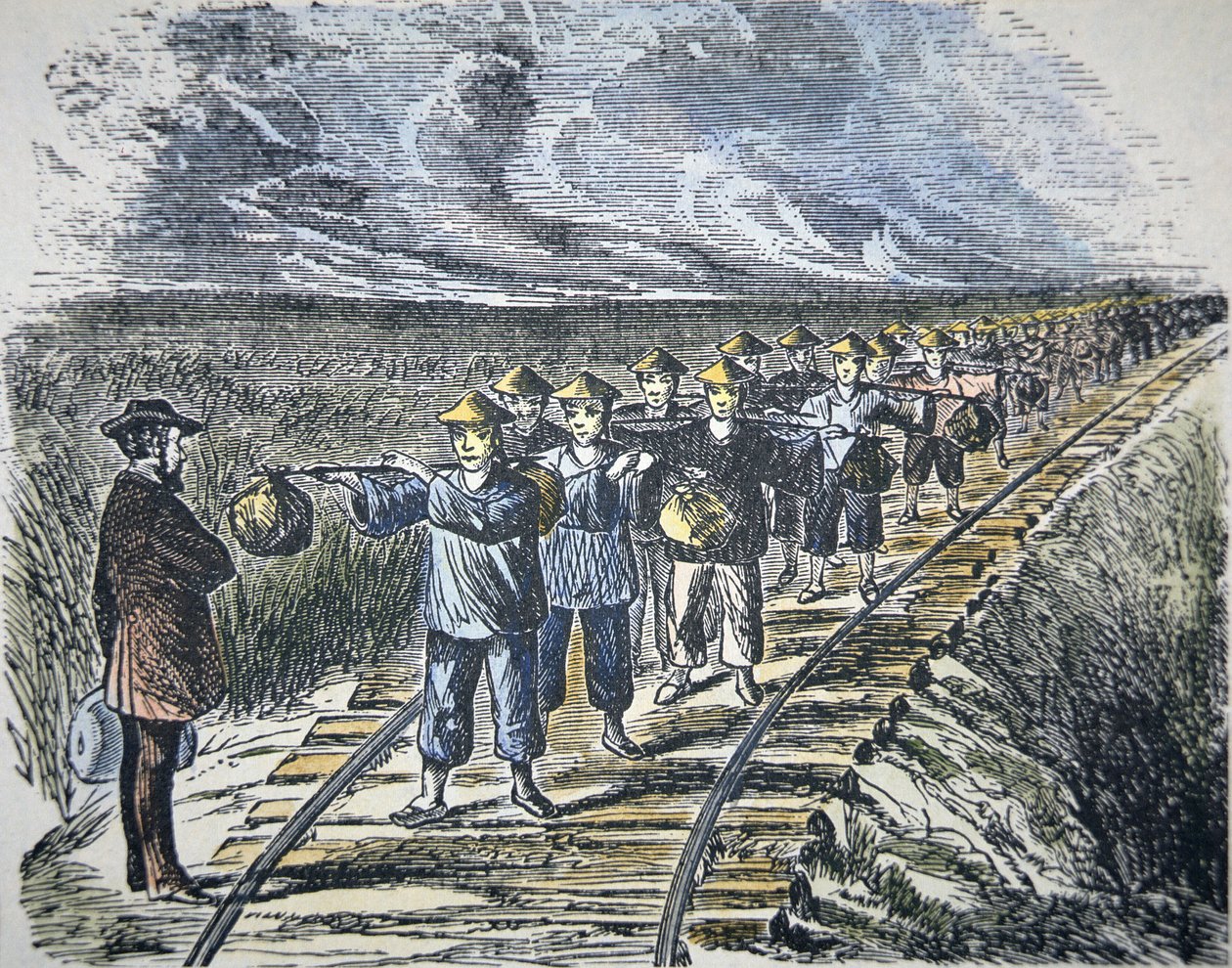 Charles Crocker (1822-88) a jeho čínská pracovní síla stavěla Central Pacific Railroad, dokončena v roce 1869 (barevné lito) od American School