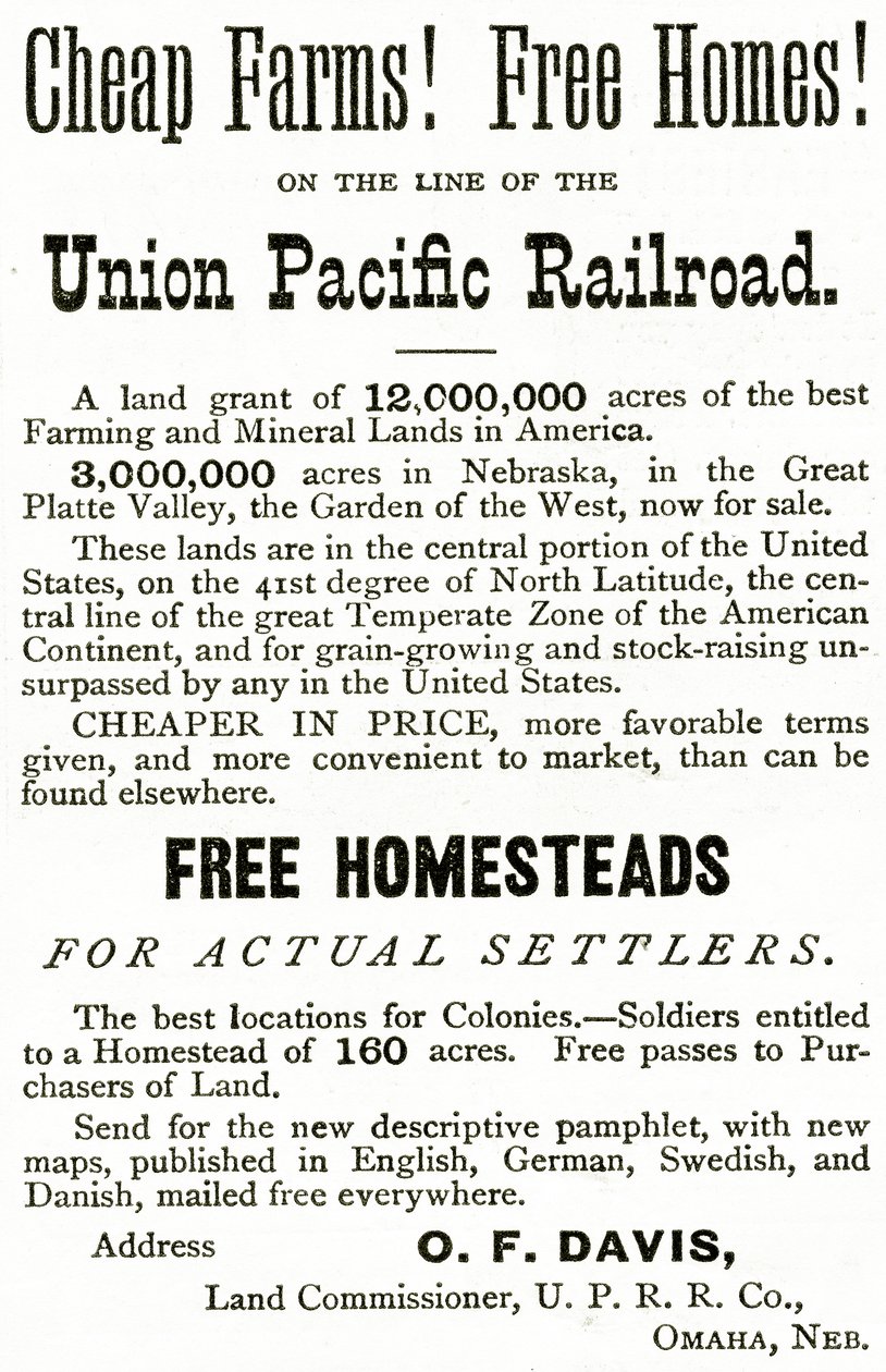 Levné farmy a volné domy na lince Union Pacific Railroad, reklama z Appletons Journal, 4. května 1872 od American School