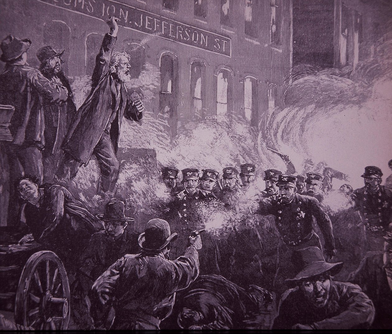 Chicago Haymarket Labor Riot z roku 1886, rytina publikovaná v Harper