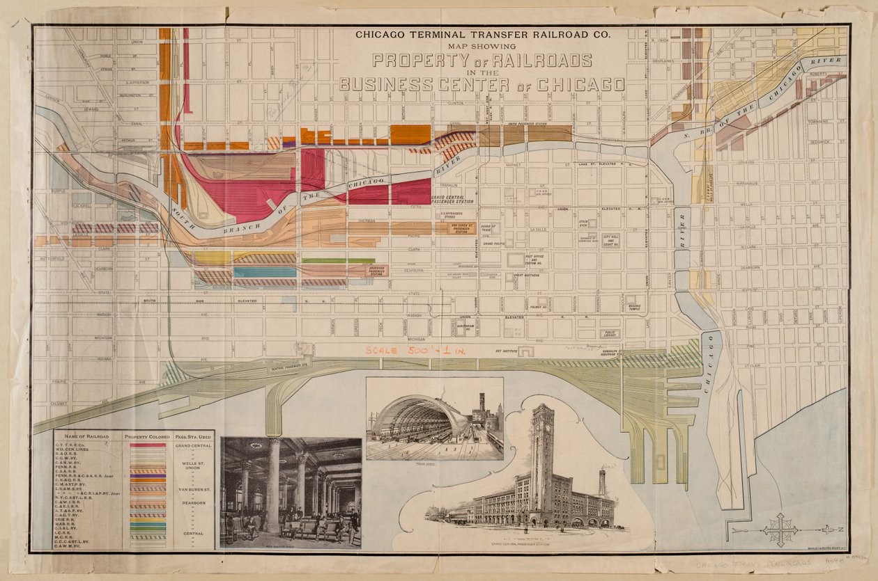 Mapa společnosti Chicago Terminal Transfer Railroad Co. zobrazující majetek železnic v obchodním centru Chicaga, cca 1898 od American School