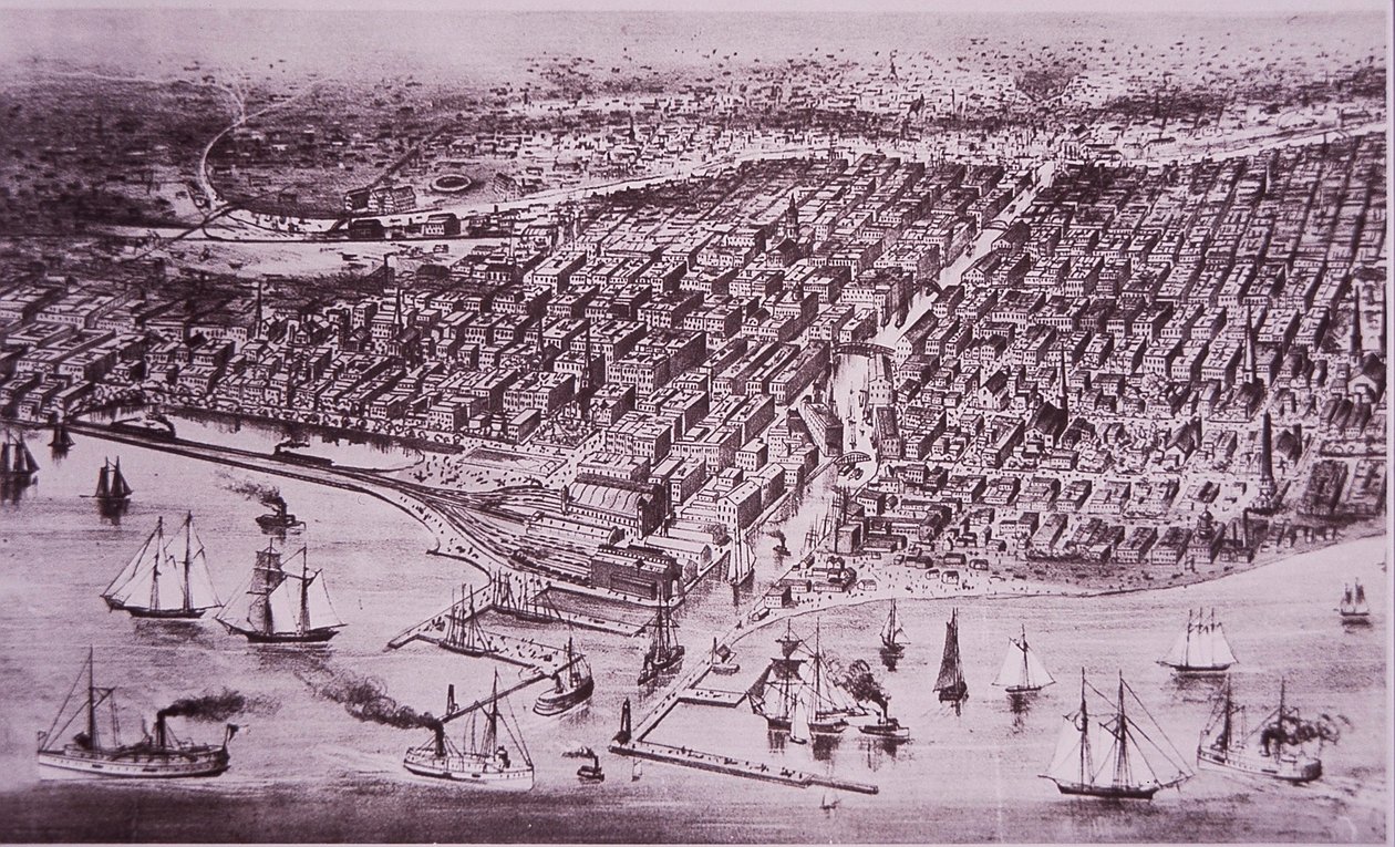 Chicago před velkým požárem v roce 1871, kolem roku 1870 (litho) od American School