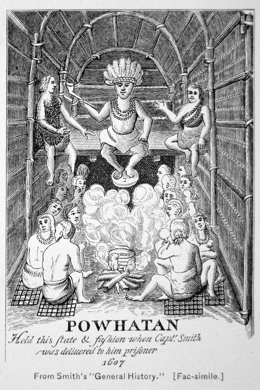 Náčelník Powhatan, jak se objevil v roce 1607, ze Smithovy „Generall Historie of Virginia, New England & the Summer Isles“ od American School