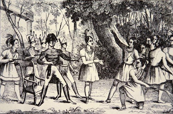 Náčelník Tecumseh (1768-1813) vzdorující generálu Harrisonovi (1773-1841) (rytina) od American School