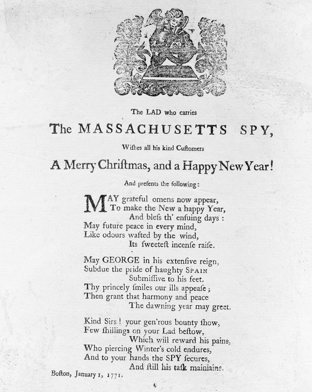 Vánoční pozdravy od chlapce, který nese The Massachusetts Spy, vytištěno v The Massachusetts Spy 1. ledna 1771 (tisk) od American School