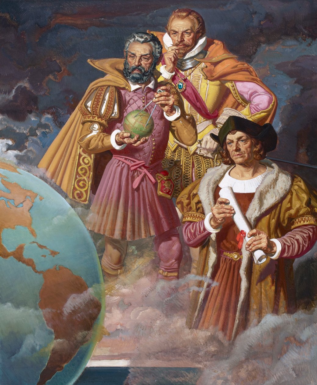 Kryštof Kolumbus, Ferdinand Magellan a Vasco de Gama, asi 1940 (barevná litografie) od American School
