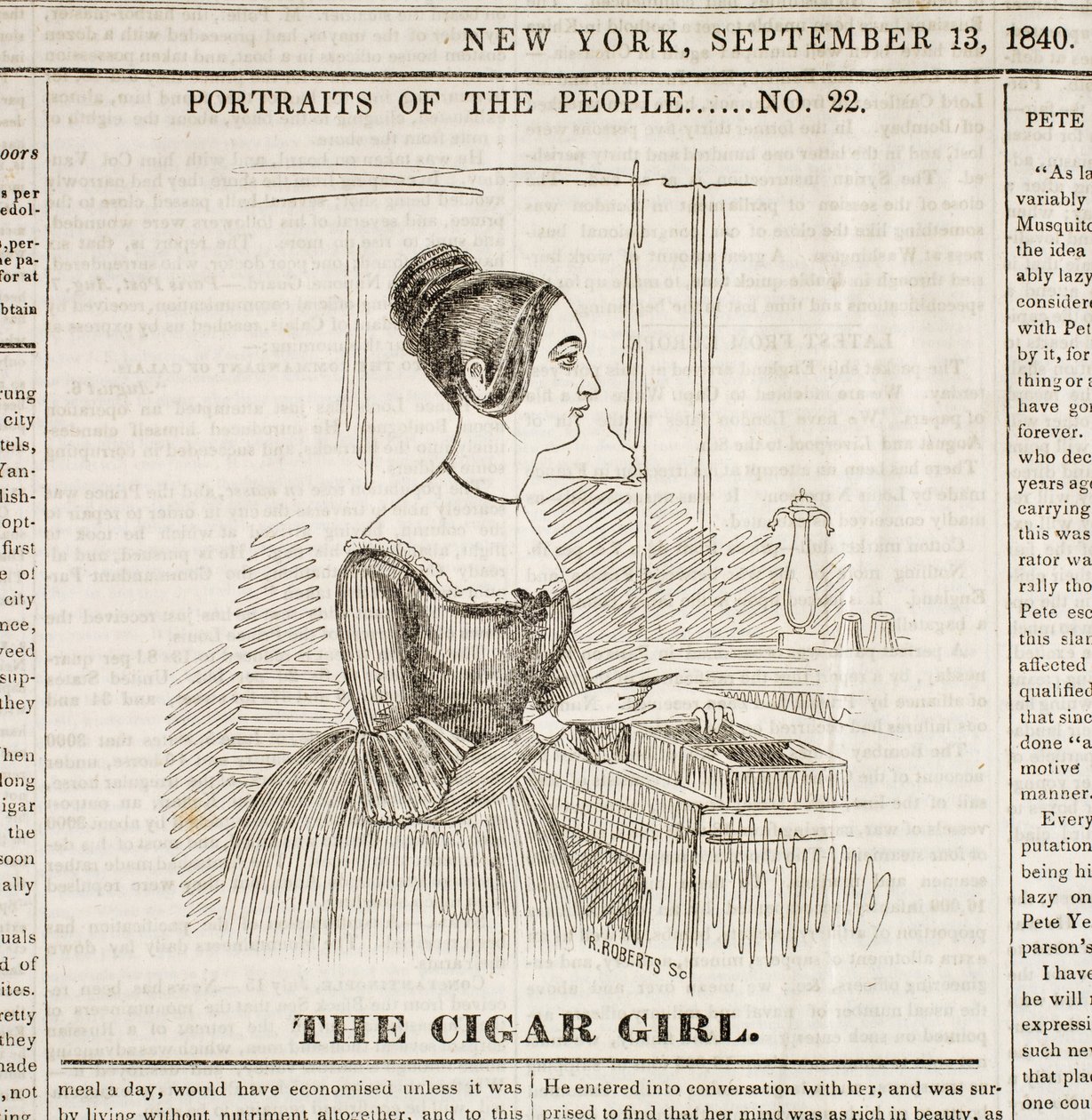 Cigar Girl, přední strana "New York Sunday Atlas", 13. září 1840 od American School
