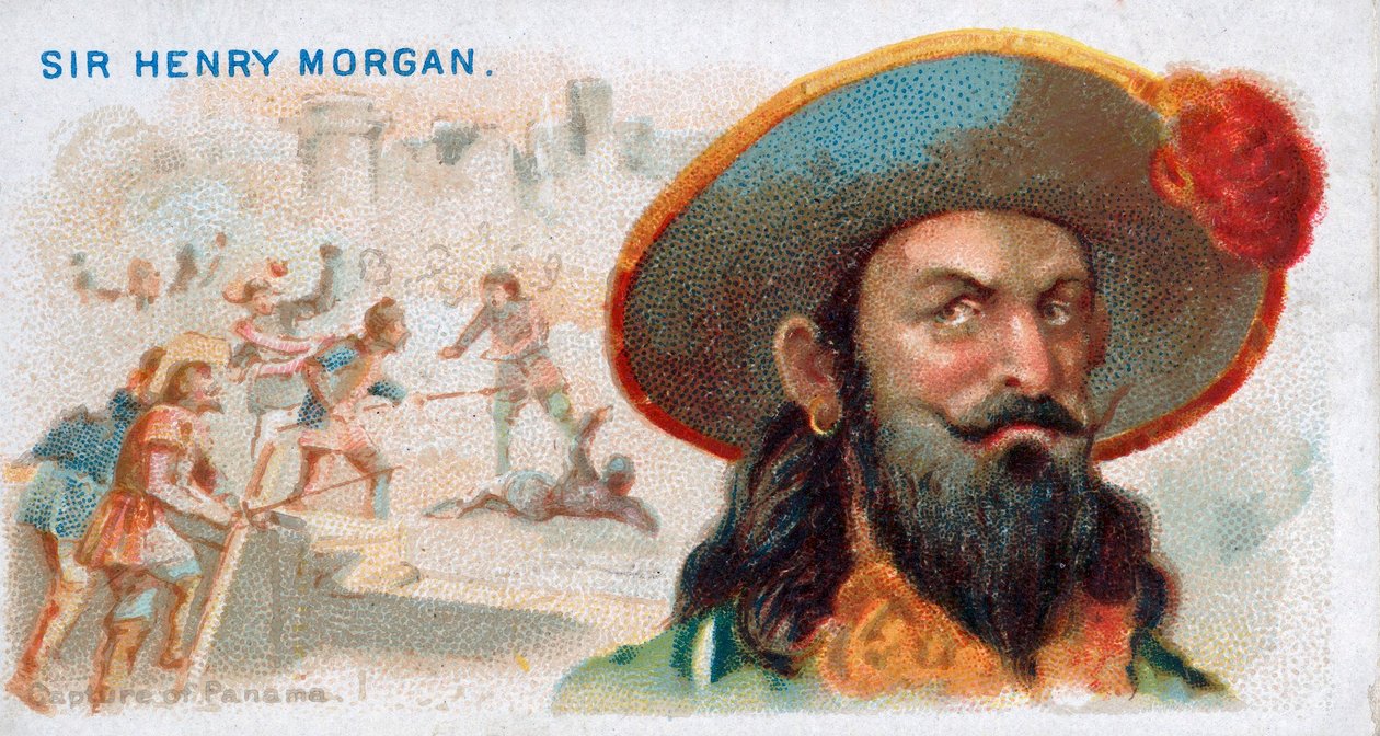 Cigarette Card Sir Henry Morgan, Capture of Panama, hospoda. 1888 barevná litografie. od American School
