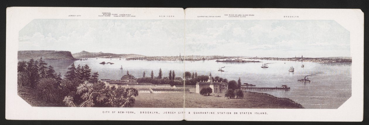 Město New-York, Brooklyn, Jersey City a karanténní stanice na Staten Island, kolem roku 1850 (barevné lito) od American School