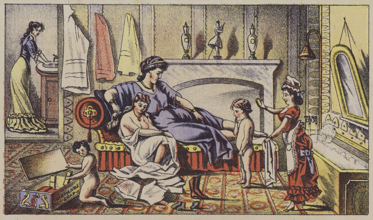 Klasické postavy v moderní domácnosti, reklama na mýdlo (chromolit) od American School
