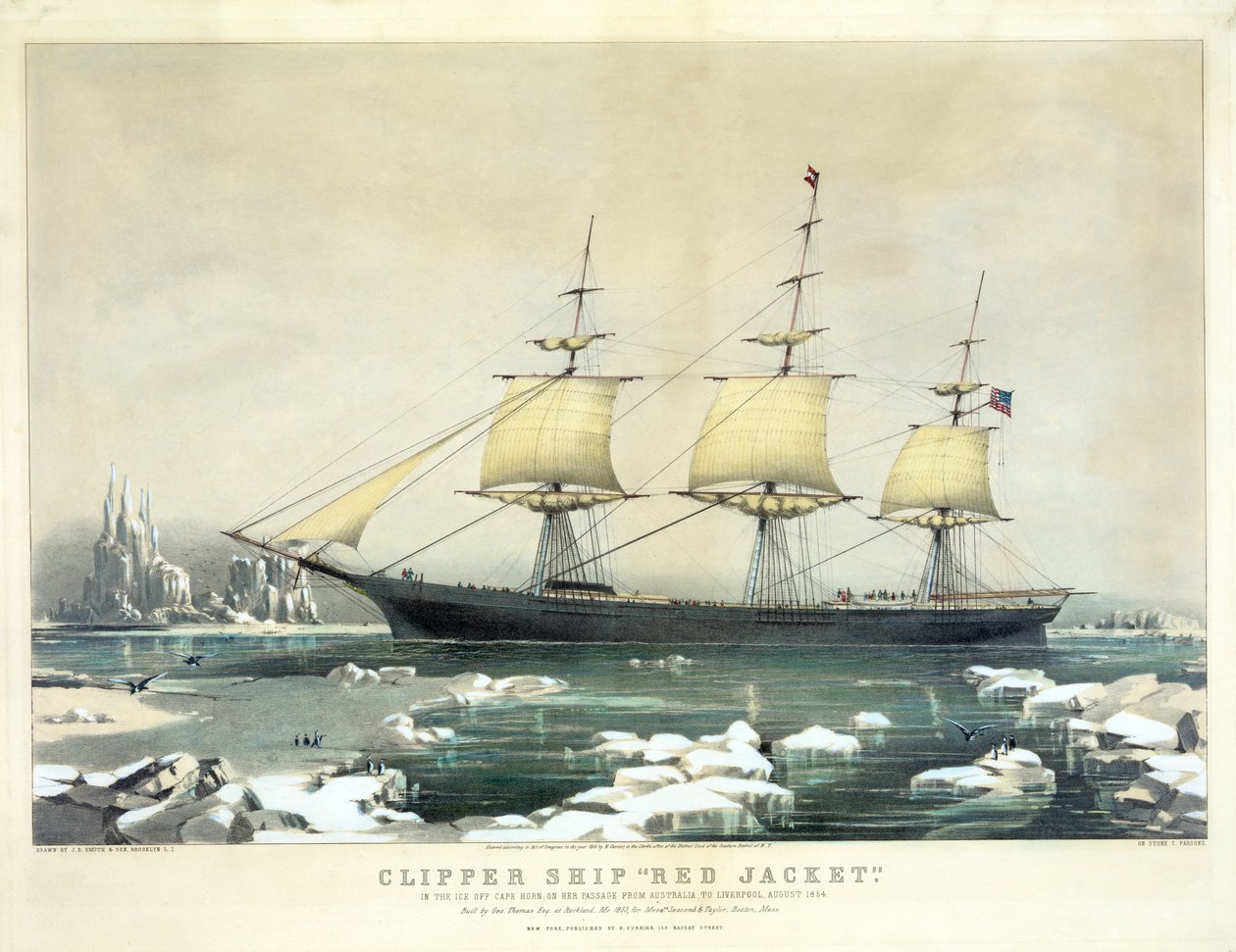 Clipper Ship Red Jacket v ledu u mysu Horn, na její cestě z Austrálie do Liverpoolu, srpen 1854, hospoda. N. Currier, 1855 od American School