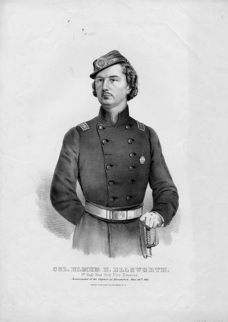 Plukovník Elmer E. Ellsworth: 1. Regt. New York Fire Zouaves, hospoda. od Currier & Ives, kolem roku 1862 od American School