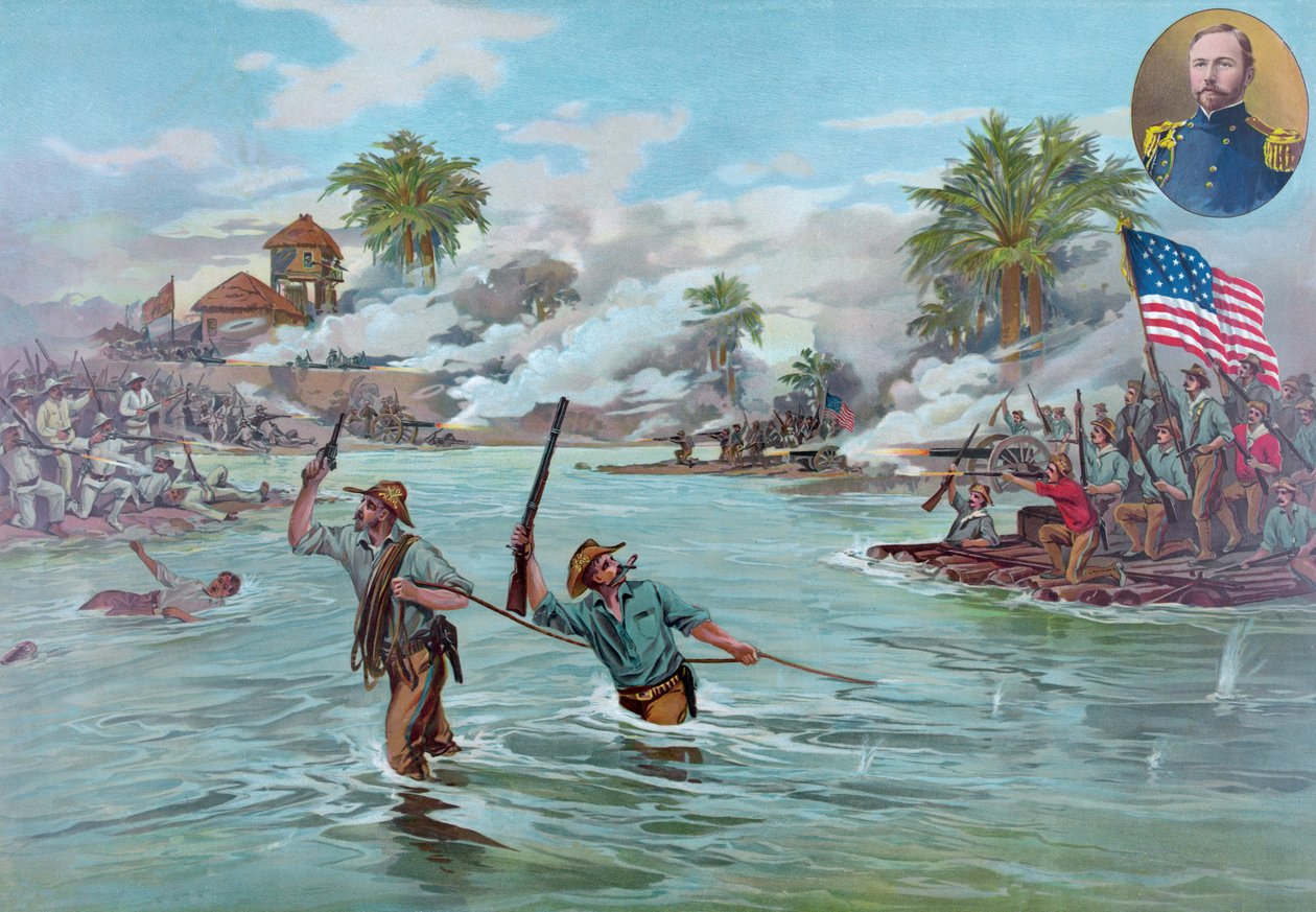 Plk. Funston a 20th Kansas Volunteers Crossing the River v Calumpitu, 26. dubna 1899, pub. 1899 (barevní členové) od American School