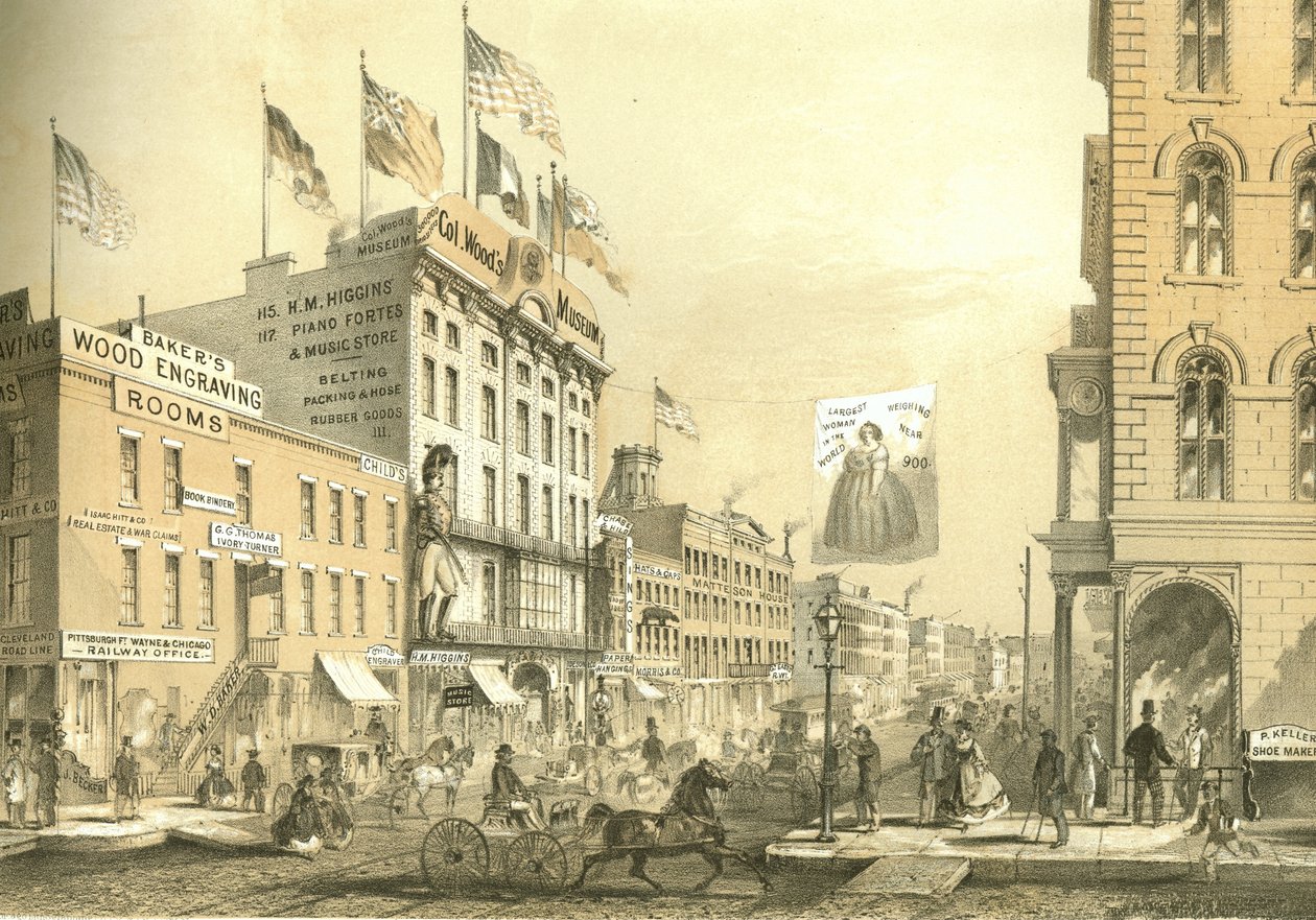 Muzeum plukovníka Woodse, z knihy Chicago Illustrated, s literárními popisy Jamese W. Sheahana, vydalo nakladatelství Jevne & Almini, Chicago, 1866-67. od American School