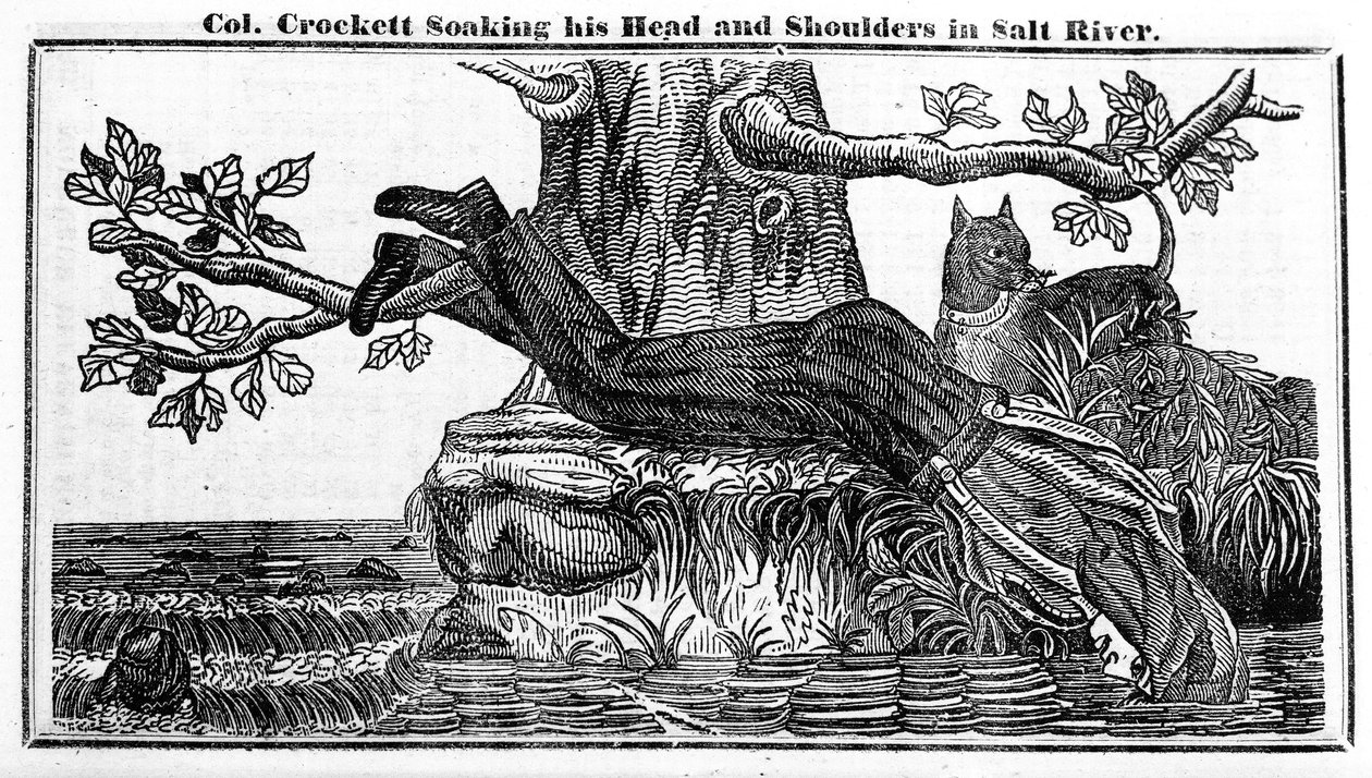 Plukovník Davy Crockett si máčí hlavu a ramena v Salt River, z Crocketts Almanach, 1837 (novinový papír) od American School