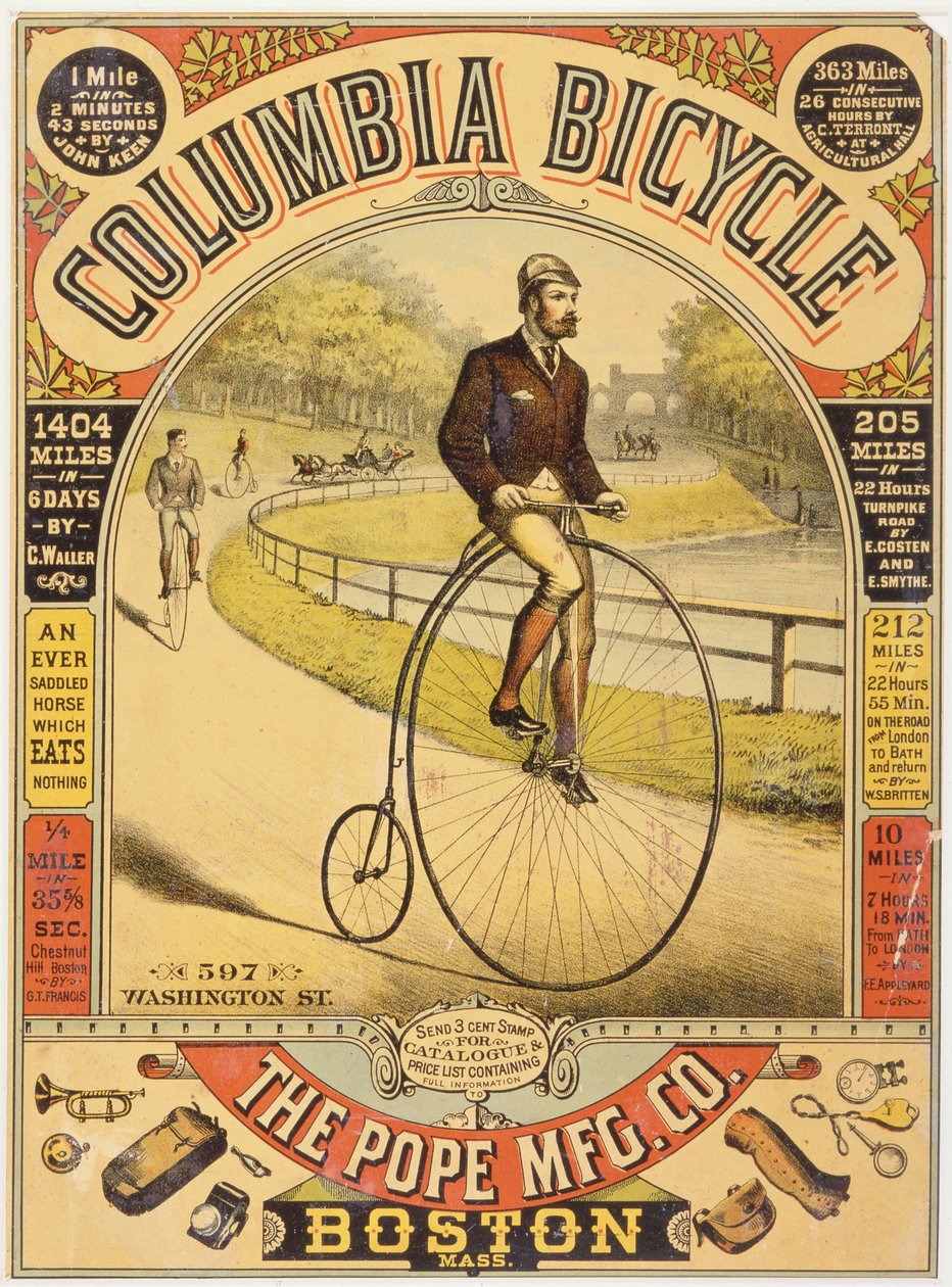 Reklama na jízdní kolo Columbia, cca 90. léta 19. století (chromolitografie) od American School