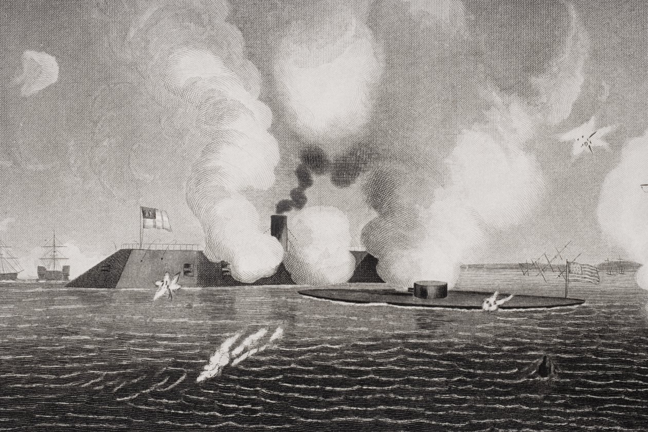 Boj mezi konfederačním CSS Virginia (vlevo) a Union USS Monitor (vpravo) 9. března 1862 v Hampton Roads ve Virginii (detail 254608) od American School