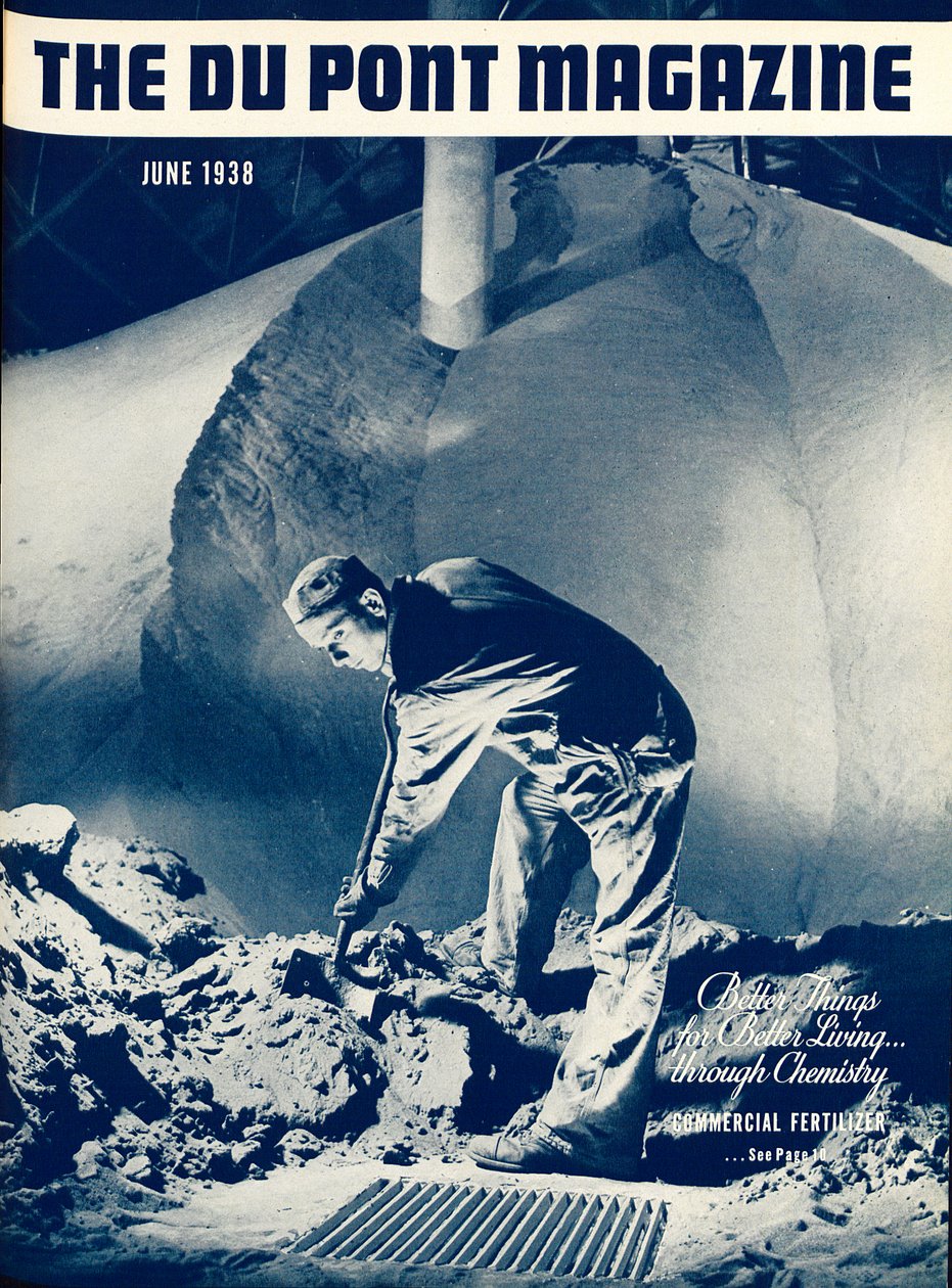 Komerční hnojivo, přední strana časopisu DuPont Magazine, červen 1938 od American School