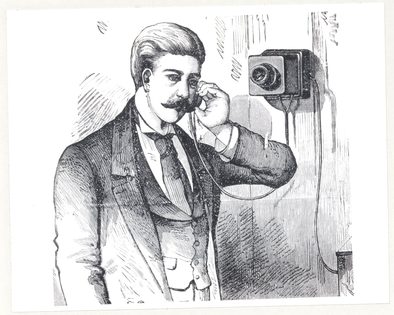 Kondenzátorový telefon v provozu, z The Electric Telephone od George Bartletta Prescotta (nar. 1830), 1890 od American School