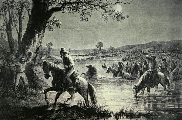 Armáda Konfederace překračující brody řeky Potomac během invaze do Marylandu v roce 1862 (litografie) od American School