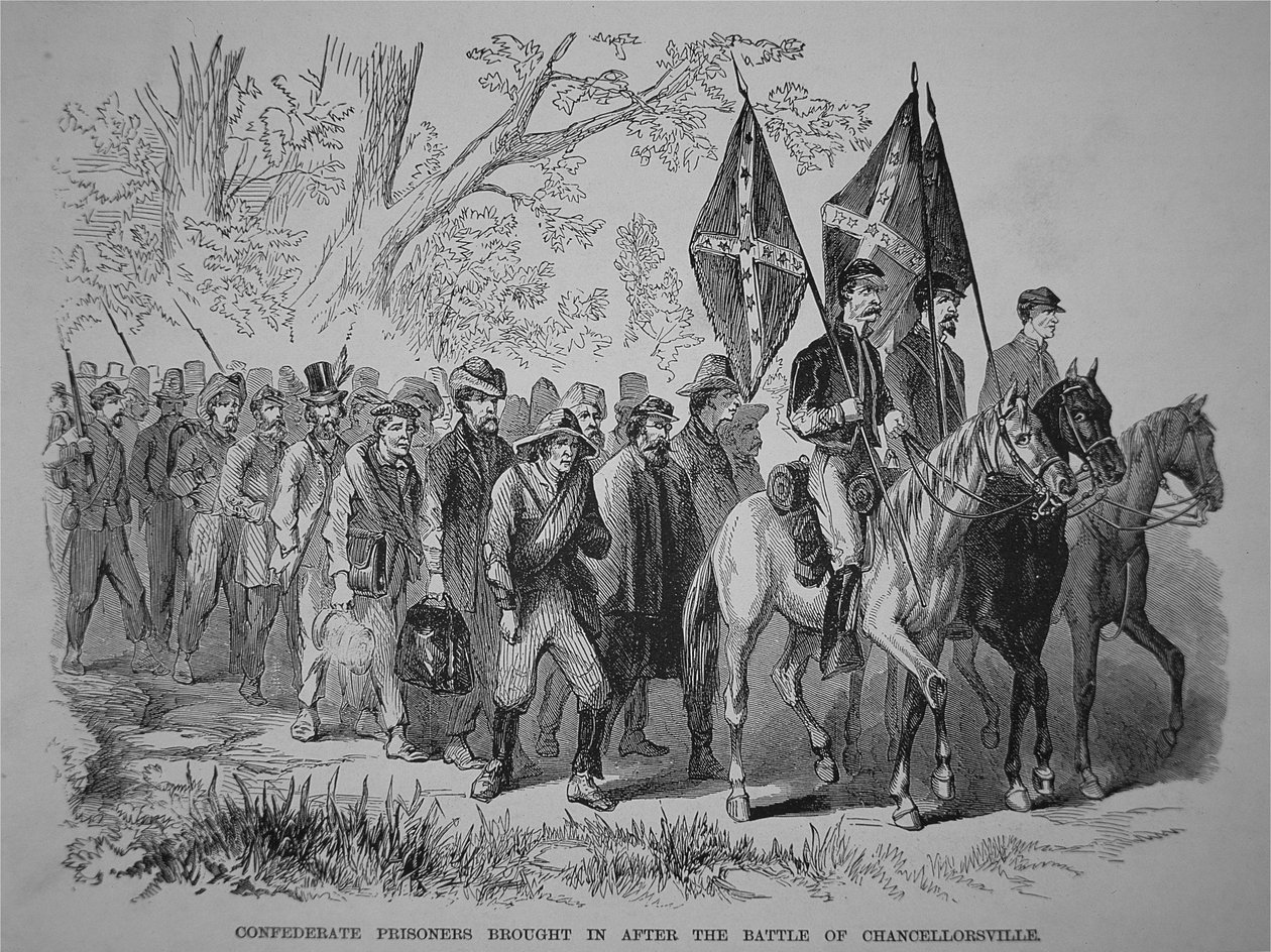 Konfederační zajatci přivedení po bitvě u Chancellorsville (litho) od American School