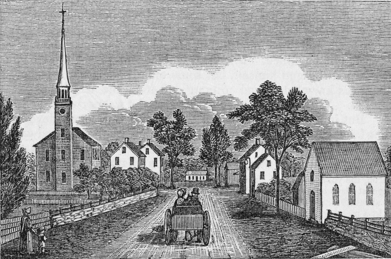 Kongregační a biskupské kostely, East Haven, z „Connecticut Historical Collections“, John Warner Barber, 1856 od American School