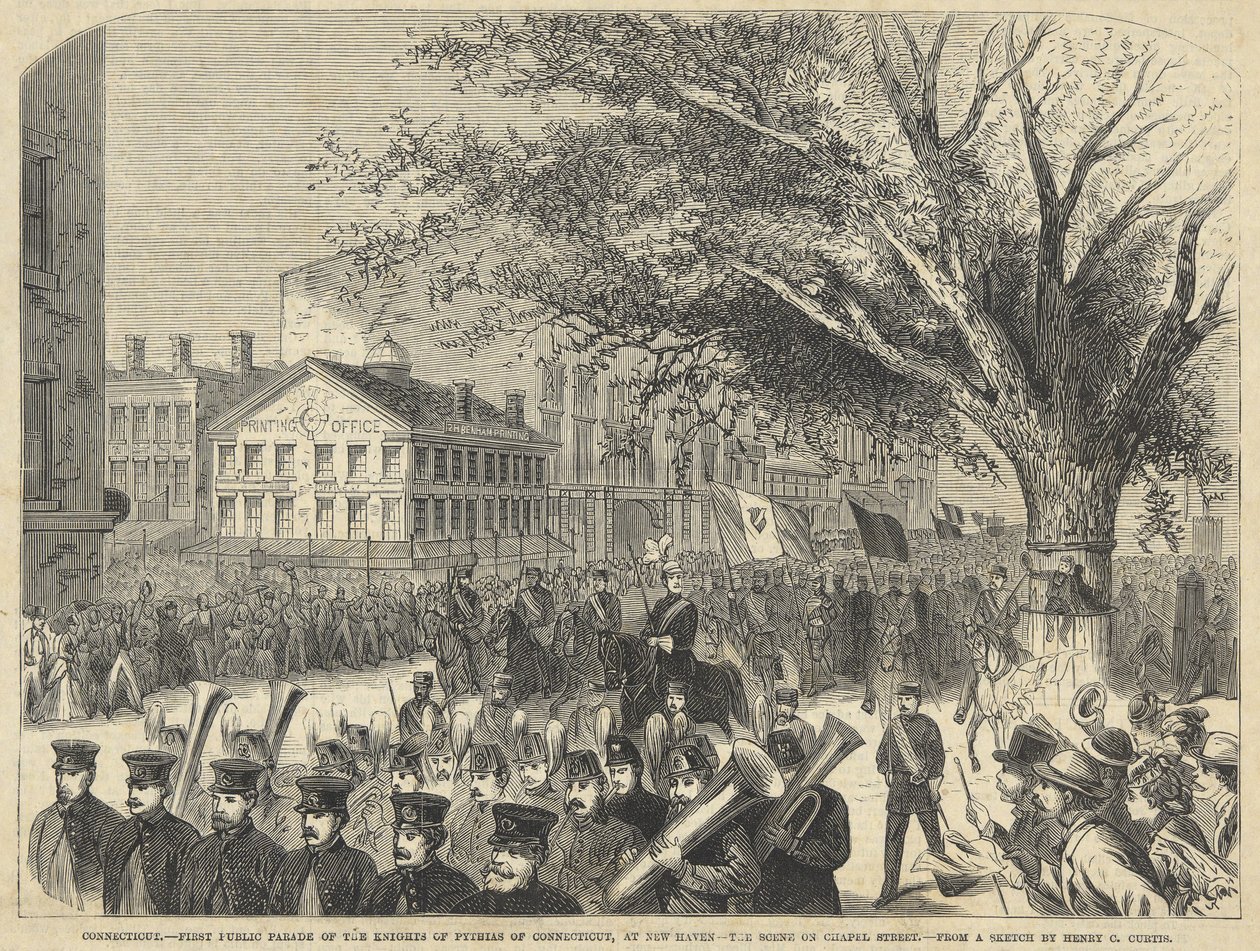 Connecticut - První veřejná přehlídka rytířů Pythias z Connecticutu, v New Haven. Scéna na Chapel Street, z hospody Harper