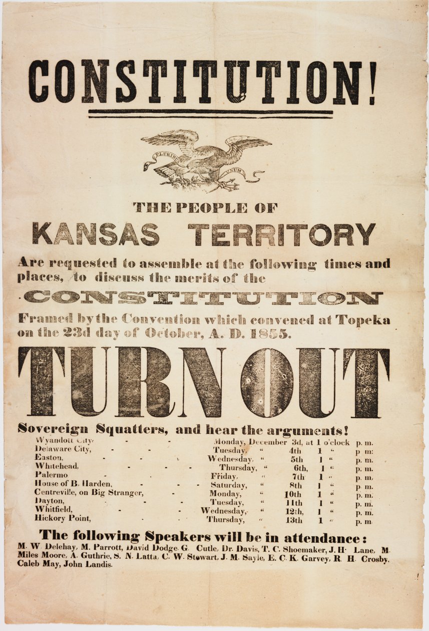 Ústava! Lidé z Kansaského teritoria jsou požádáni, aby se shromáždili..., vytištěno E. C. K. Garvey & Co., kolem 23. října 1855 od American School