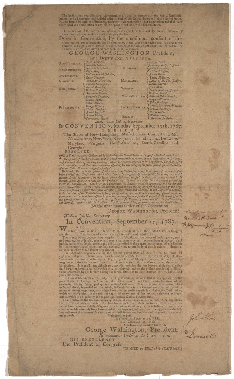 Ústava, první tisk, vytištěno společností Dunlap & Claypoole, 17.–19. září 1787 (viz také GLC 695933, GLC 695934 & GLC 695935) od American School