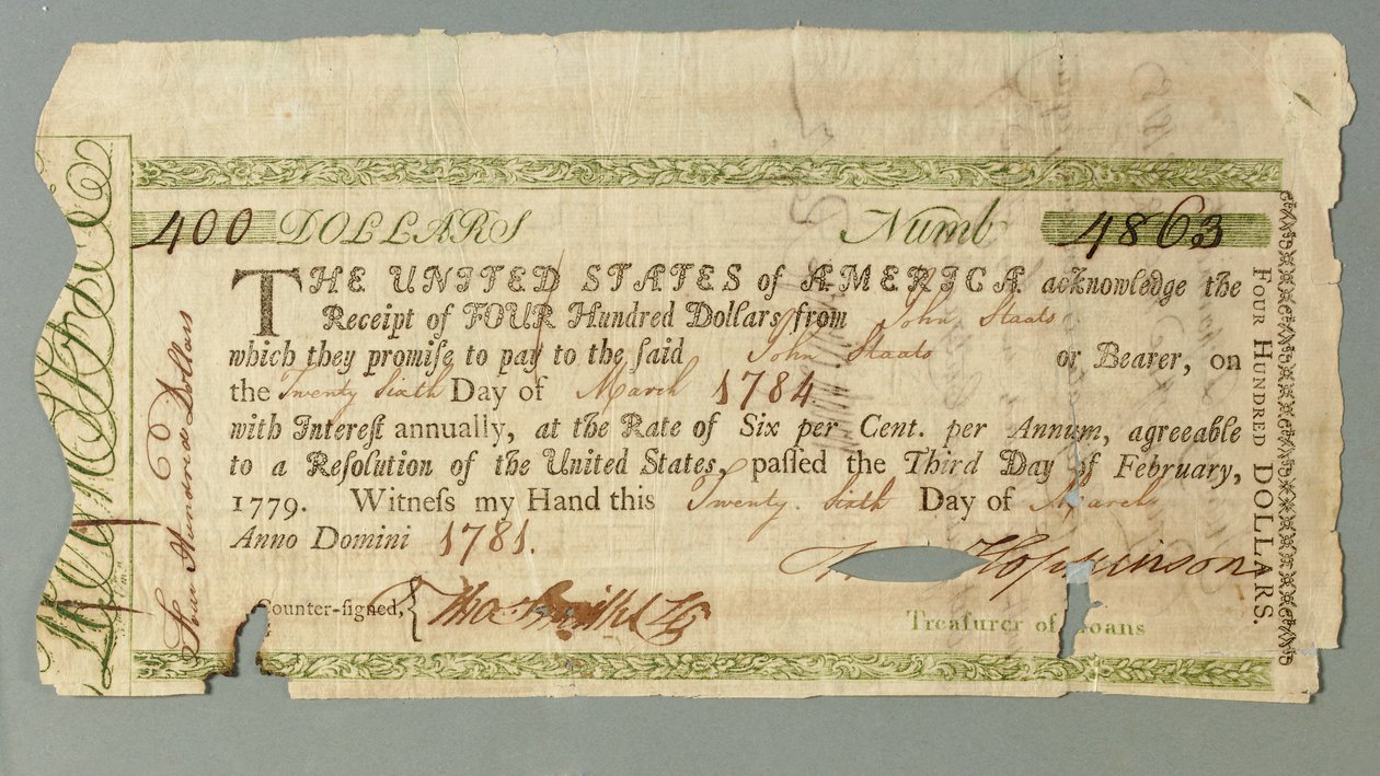 Certifikát Continental Loan Office číslo 4863 podepsaný pokladníkem Francisem Hopkinsonem, 26. března 1781 od American School