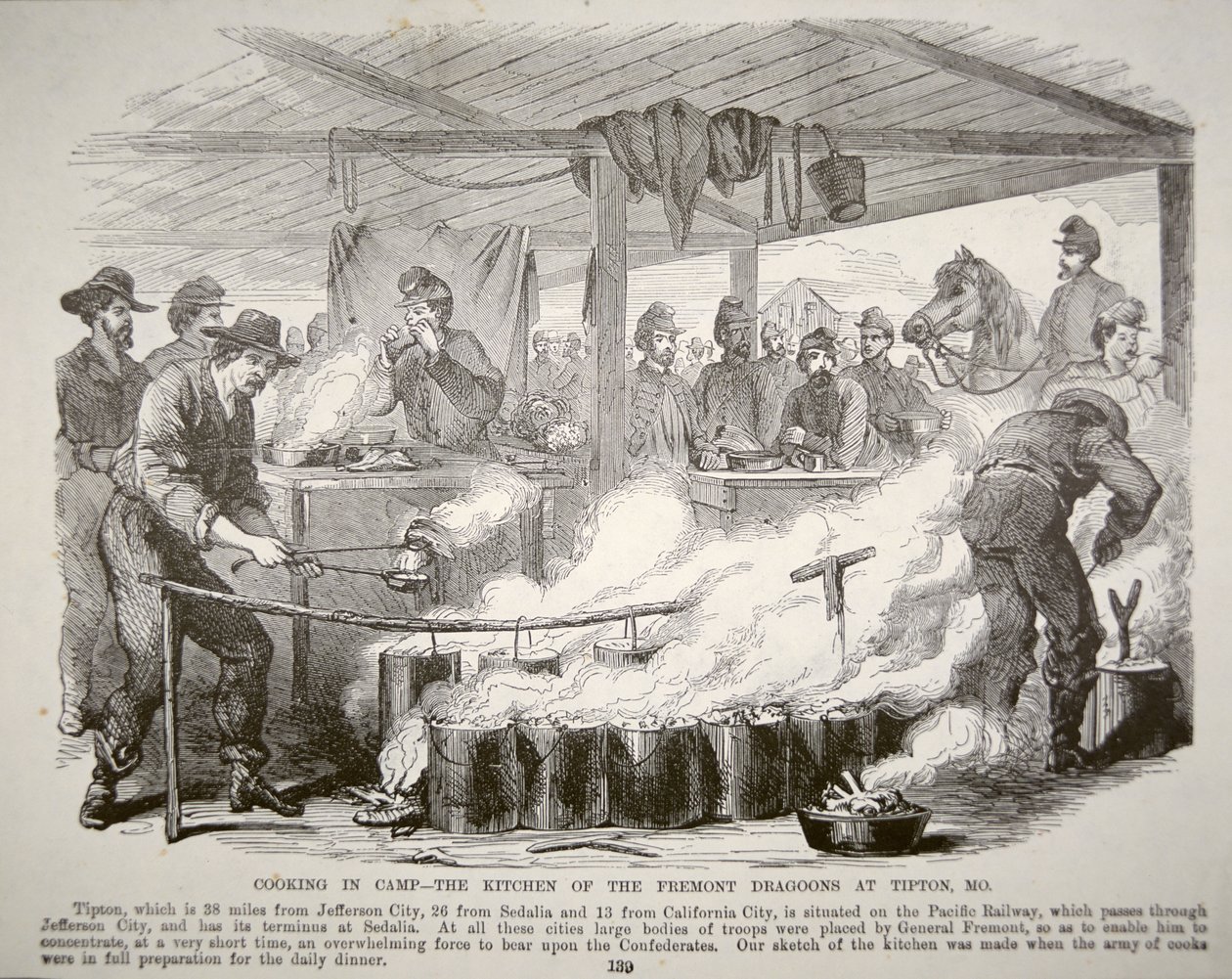 Vaření v táboře - kuchyně fremontských dragounů v Tiptonu, Missouri (rytina) od American School