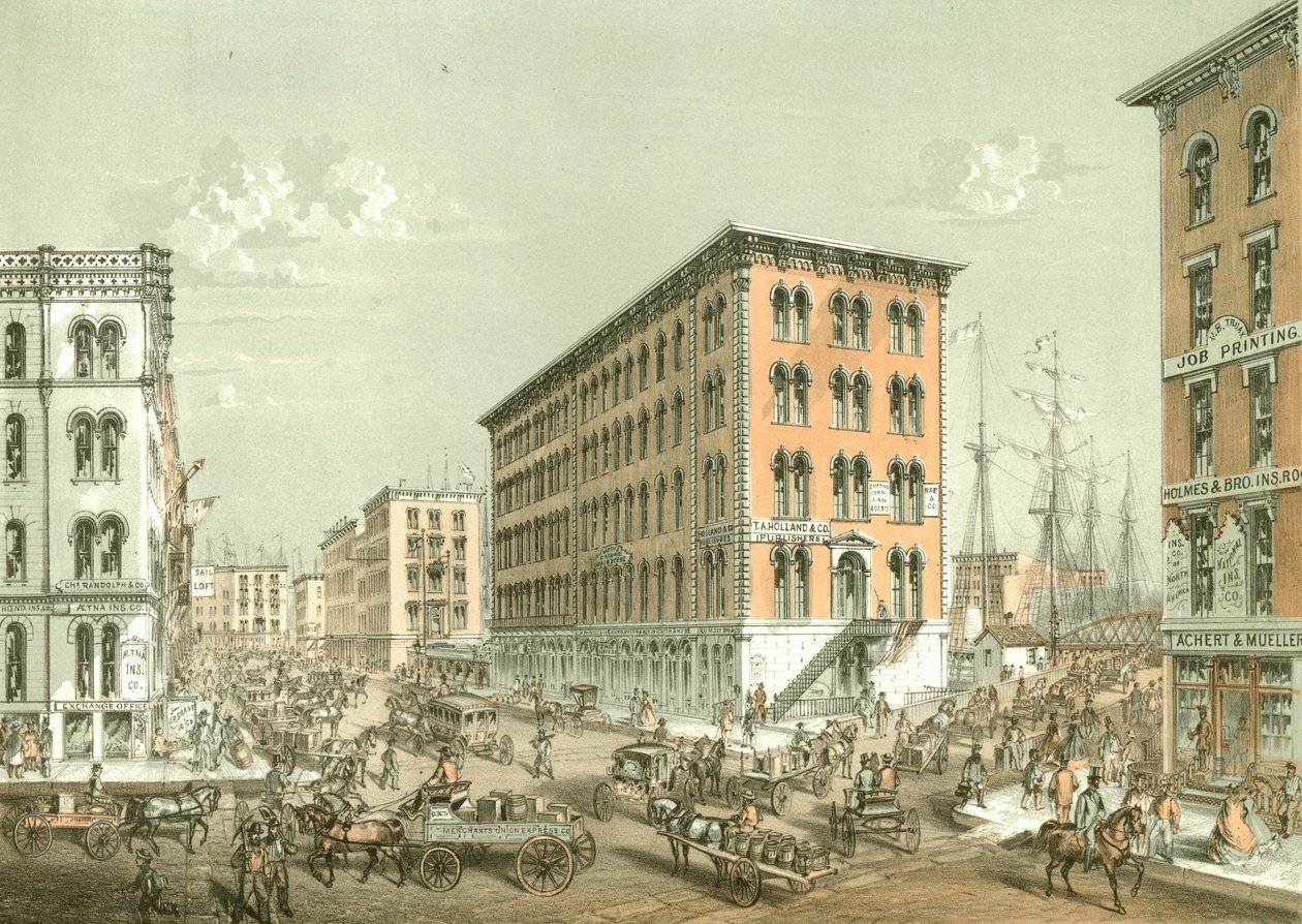 Roh ulic Clark a South Water Street, z knihy Chicago Illustrated, s literárními popisy Jamese W. Sheahana, vydané nakladatelstvím Jevne & Almini, Chicago, 1866-67. od American School