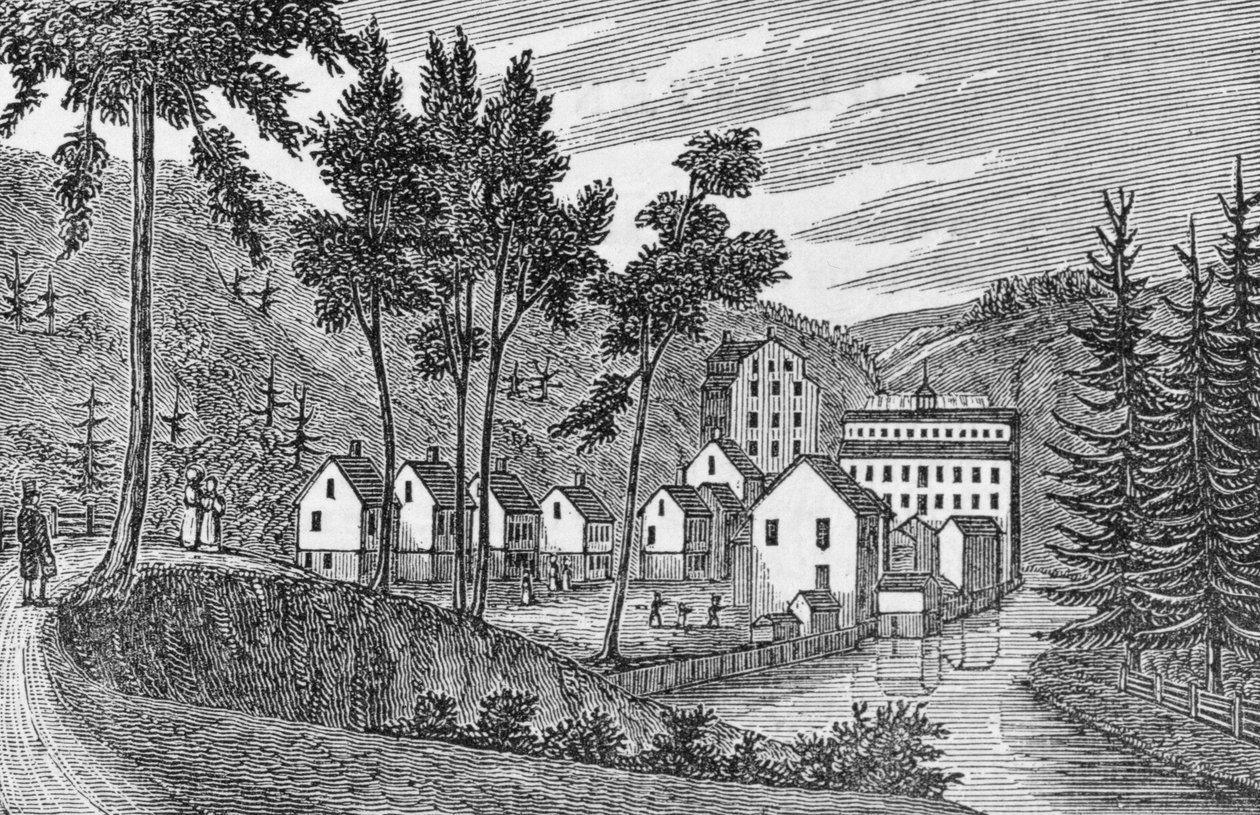 Vesnice továrny na bavlnu, Glastenbury, z „Connecticut Historical Collections“, John Warner Barber, 1856 od American School