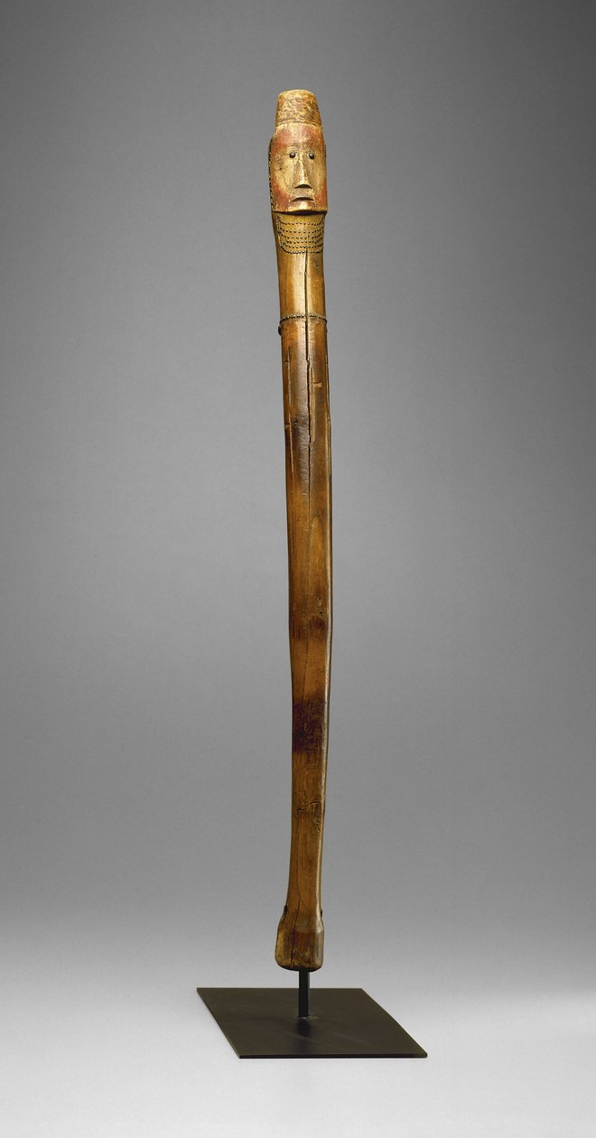 Coup Stick, Yankton Sioux, cca 1880 (dřevo, mosazné hřebíky, pigmentové a horké pilníky) od American School