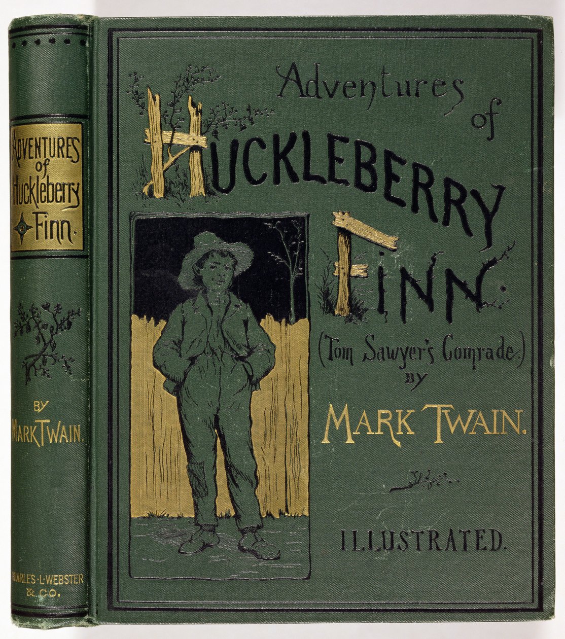 Obálka Dobrodružství Huckleberryho Finna od Marka Twaina (1835-1910), první americké vydání, vydané Charlesem L. Websterem, 1885 (zlaté embosované plátno) od American School