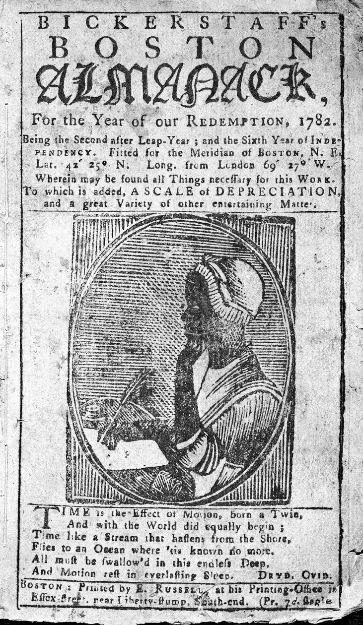 Obálka Bickerstaffs Boston Almanack s portrétem Phillis Wheatley (1753-84) vydaná 1782 (tisk) od American School