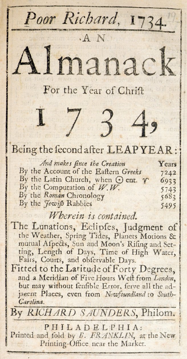 Obálka Poor Richard, Almanack, 1734 (tisk) od American School
