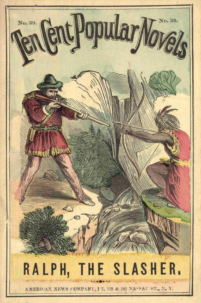 Obálka knihy „Deset centů populárních románů – Ralph, the Slasher“, č. 39. American News Company. Souboj Indiána a bílého. Hořící sd. počátku 20. století. od American School