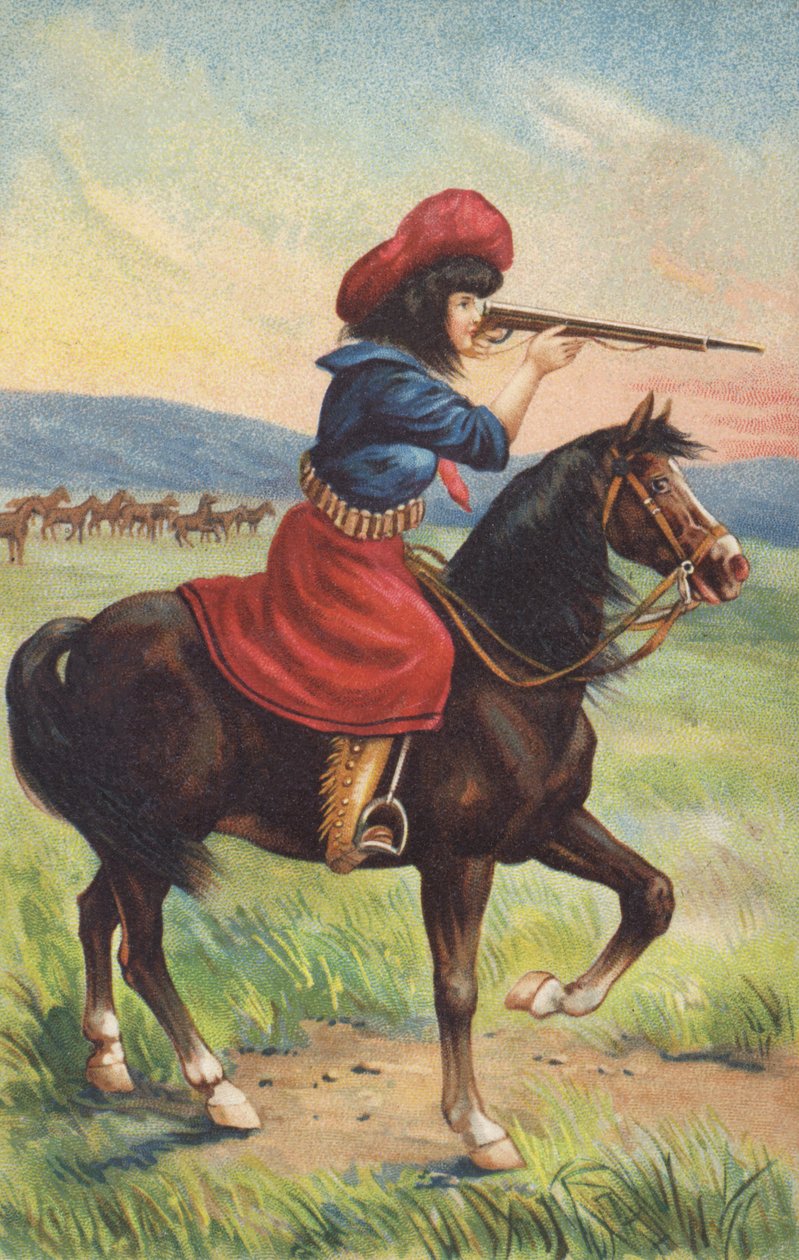 Kovbojka na koni mířící puškou (chromolit) od American School