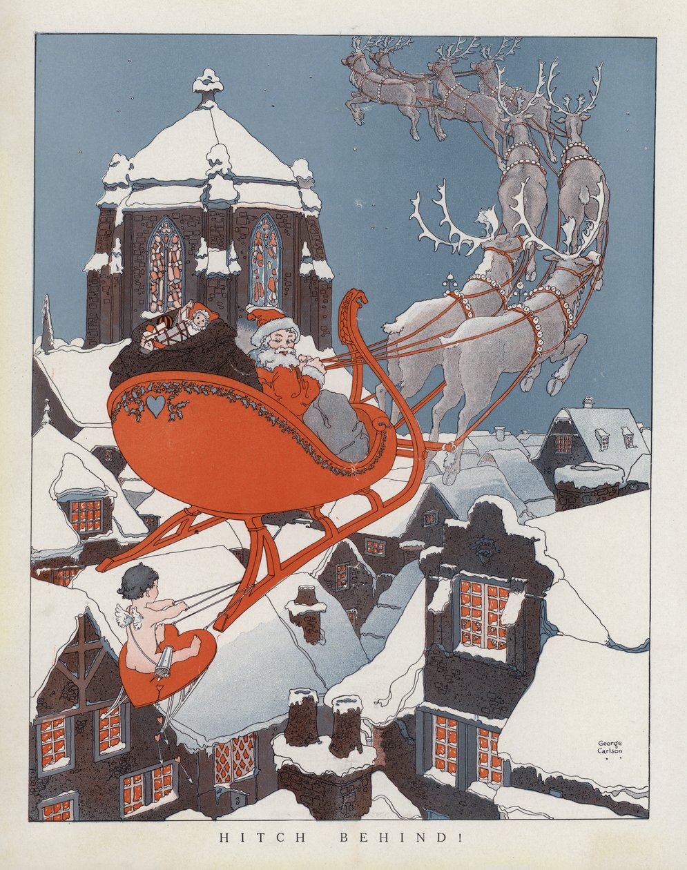 Amorek na Santových saních (barevná litografie) od American School