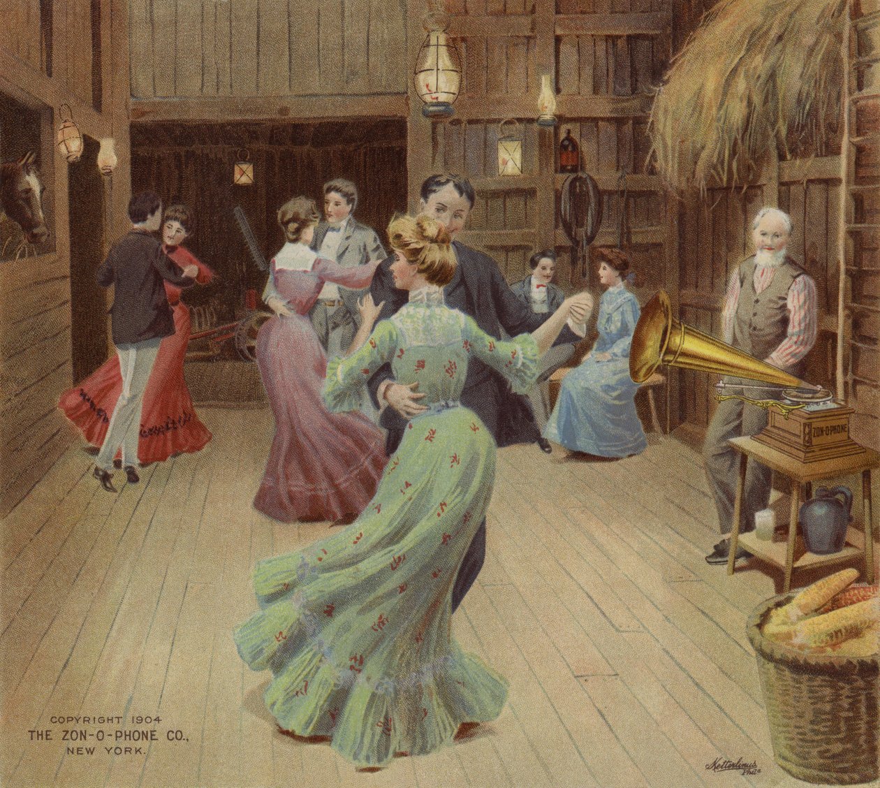 Tanec ve stodole při fonografu (barevná litografie) od American School