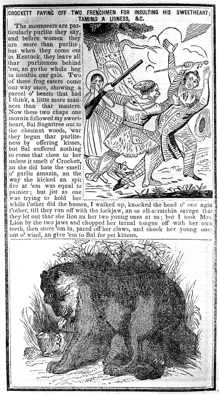 Davy Crockett Vyplácí dva Francouze za urážku své milé, Zkrocení lvice atd., ilustrace z Crocketts Almanack od American School