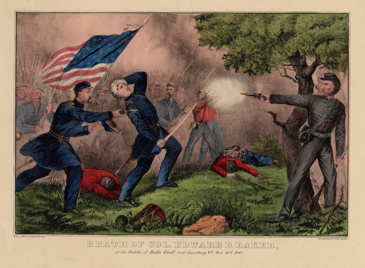 Smrt plukovníka Edwarda D. Bakera v bitvě u Balls Bluff u Leesburgu VA., 21. října 1861, pub. od Currier & Ives, kolem roku 1861 od American School