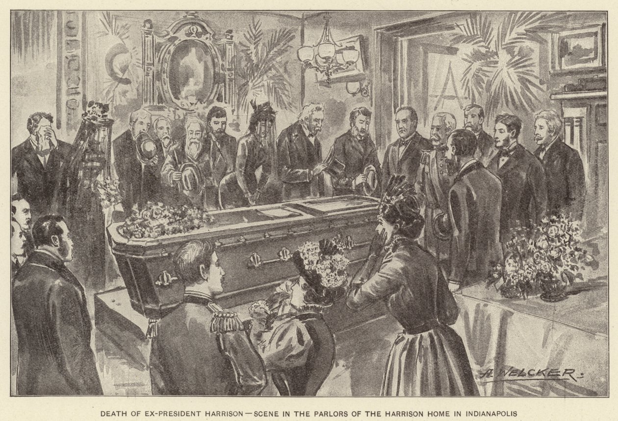 Smrt exprezidenta Harrisona, scéna v salonu Harrisonova domu v Indianapolisu (litografie) od American School